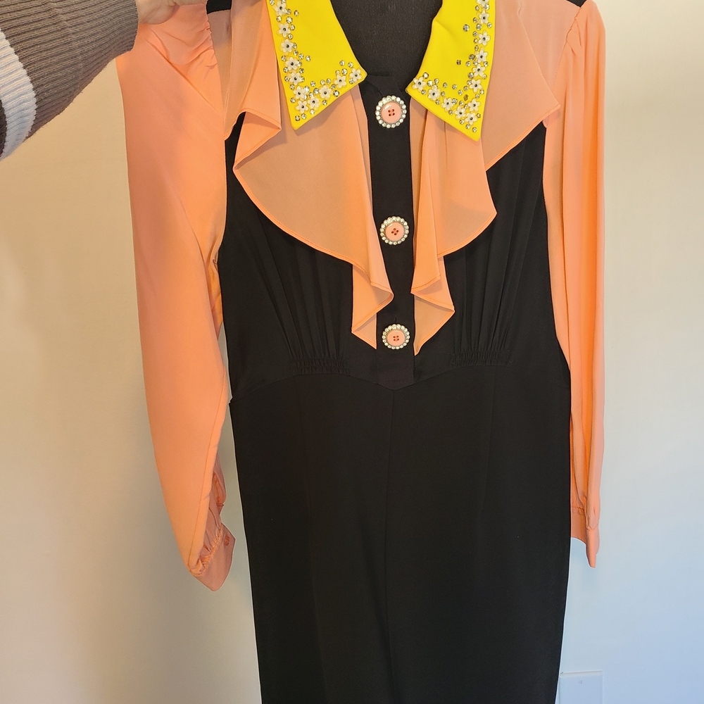 Black Dress with Peach Ruffled Sleeves and Yellow Embellished Collar